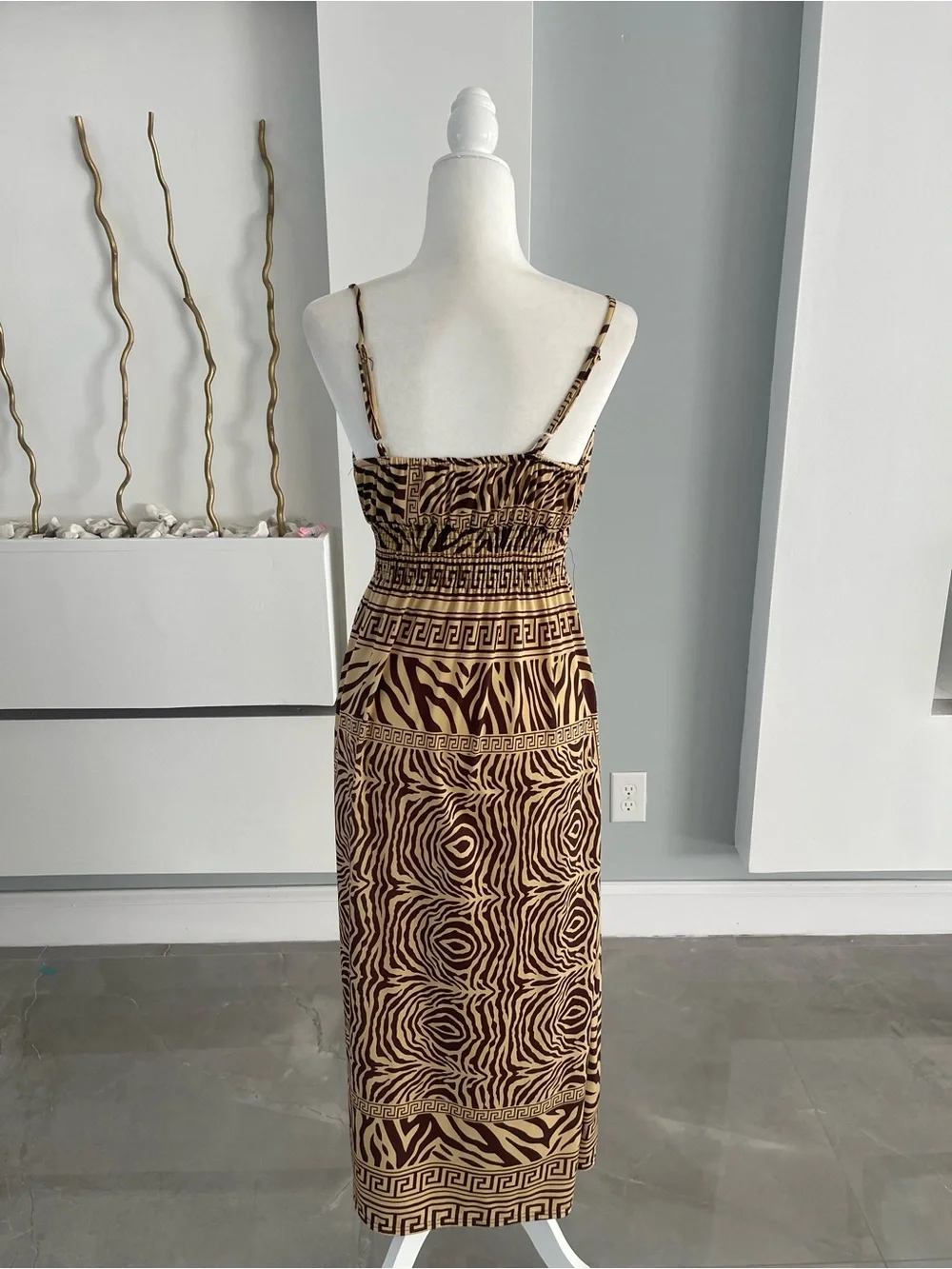 Brown Patterned Midi Dress with Spaghetti Straps